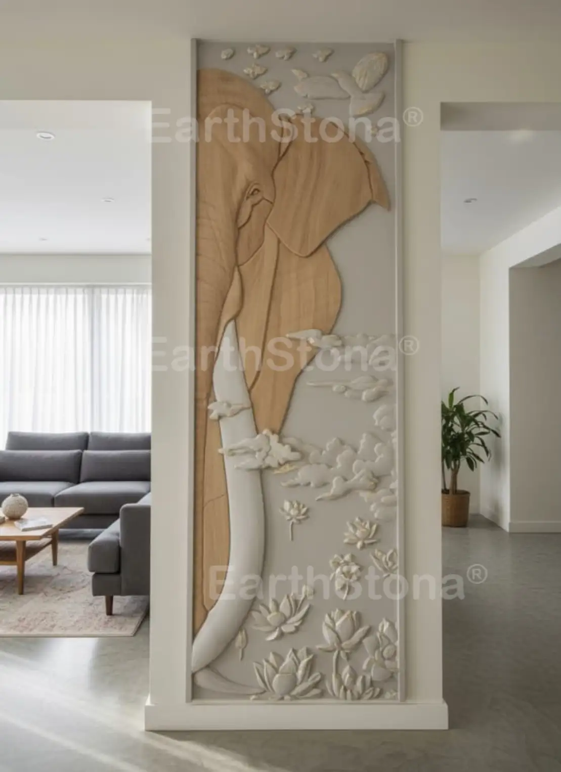 Elephant in Nature with birds & clouds Modern stone wall art